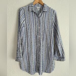 Tommy Bahama Blue Stripe Tunic Button Up Shirt Coastal Beachy Nautical Cotton
